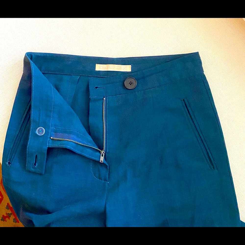 Creatures of Comfort teal silk high waist pants, straight leg with slight taper